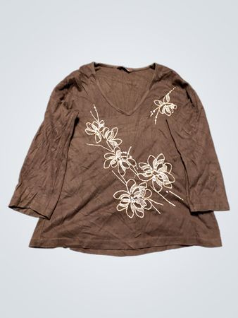 Brown Long-Sleeve Shirt with Floral Embroidery