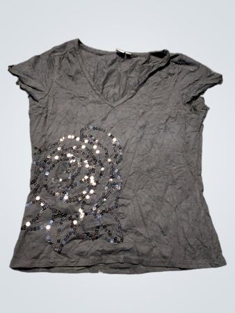 Black Sequin Rose V-Neck T-Shirt