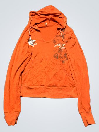 Orange Hoodie with Floral Design and White Graphics