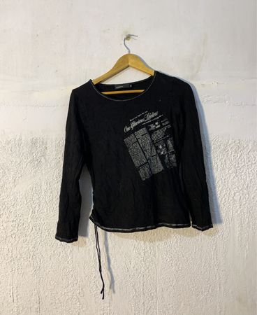 Black Long Sleeve Top with Newspaper Print and Drawstring Hem