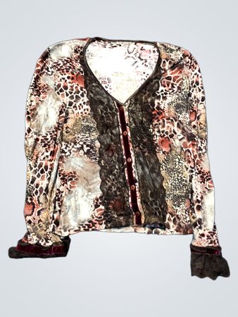 Printed Long Sleeve Top with Lace and Velvet Accents