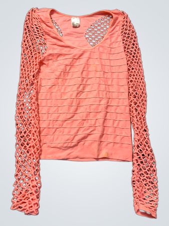 Pink Cropped Long Sleeve Top with Crochet Sleeves