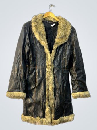 Black Leather Coat with Fur Trim