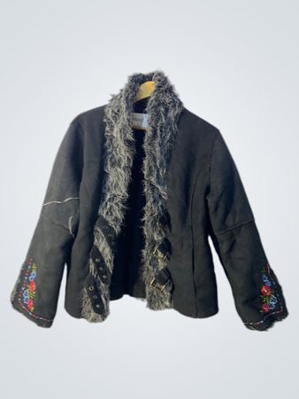 Black Fur-Trimmed Coat with Floral Embroidery