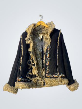 Black Fur-Trimmed Jacket with Floral Embroidery