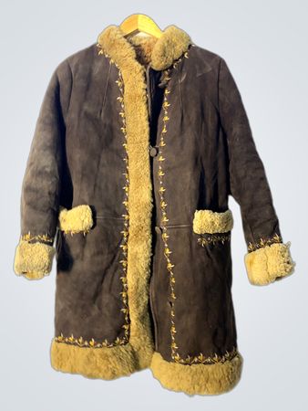 Brown Suede Sheepskin Coat with Fur Trim and Embroidery