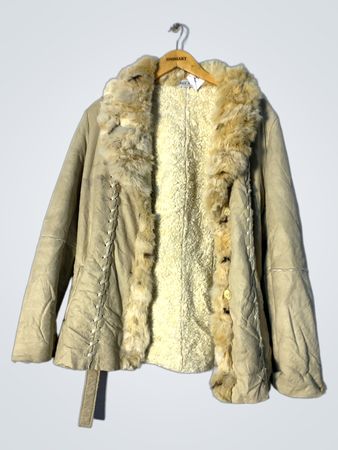 Beige Suede Jacket with Fur Trim and Belt