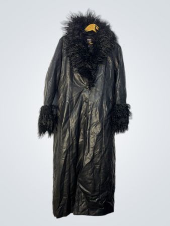 Long Black Faux Leather Coat with Fur Trim