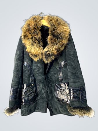 Dark Green Suede Coat with Fur Collar and Cuffs