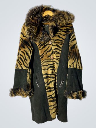 Tiger Print Faux Fur Trimmed Coat