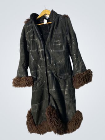 Black Patchwork Coat with Fur Trim