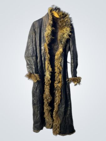 Long Black Leather Coat with Fur Trim