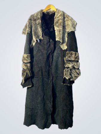 Long Black Suede Coat with Fur Trim