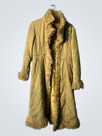 Long tan coat with faux fur trim