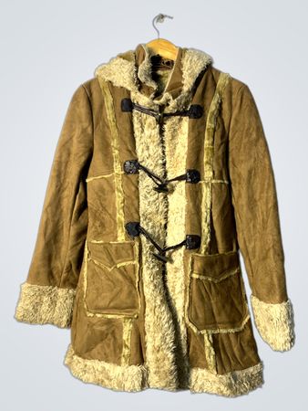 Brown Suede and Fur Trimmed Duffle Coat with Hood