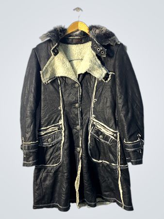 Black Faux Leather Coat with Fur Trim