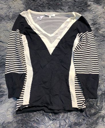 MORGAN Black and White Striped V-Neck Sheer Panel Sweater