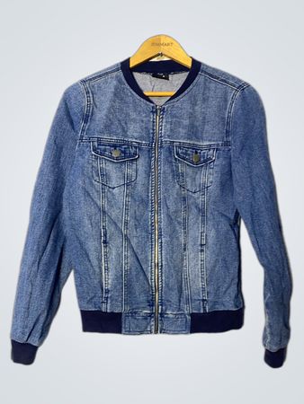 Denim Bomber Jacket with Floral Embroidery on Back
