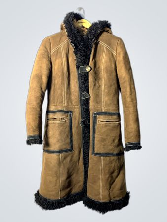 Brown Suede Coat with Black Fur Trim and Hood