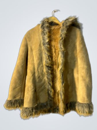 Tan Suede-like Jacket with Faux Fur Trim and Hood