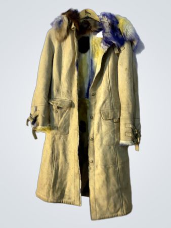 Beige suede coat with fur trim