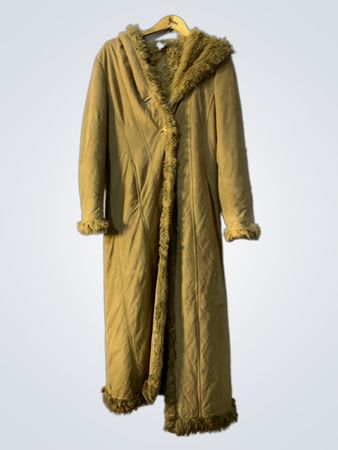 Long Tan Coat with Fur Trim
