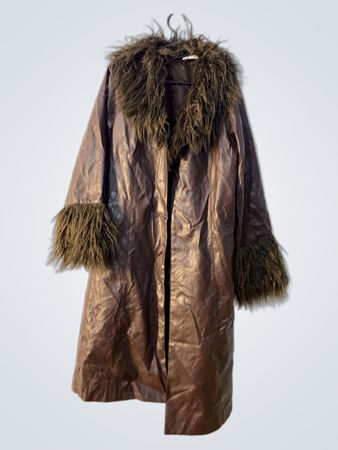 Brown Faux Leather Coat with Fur Trim