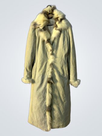 ET Beige Suede Fur Trimmed Long Coat Made in Italy