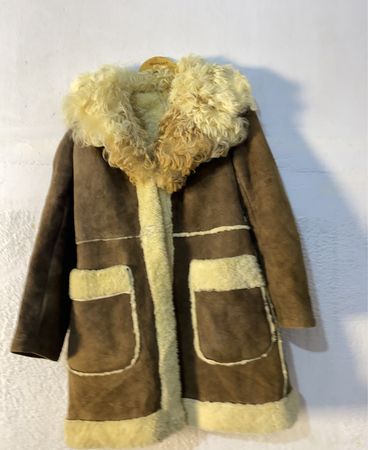 Brown Suede Shearling Sheepskin Coat with Fur Collar