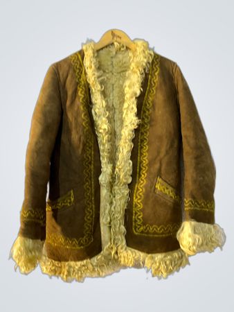 Brown Suede Shearling Jacket with Yellow Embroidery