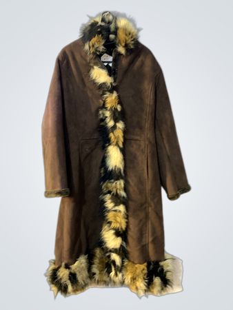 Brown Faux Suede Coat with Faux Fur Trim