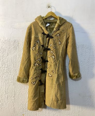 Tan Faux Suede Coat with Embroidered Flowers and Toggle Closures