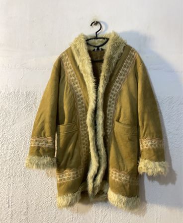 Tan faux fur trim coat with embroidered details