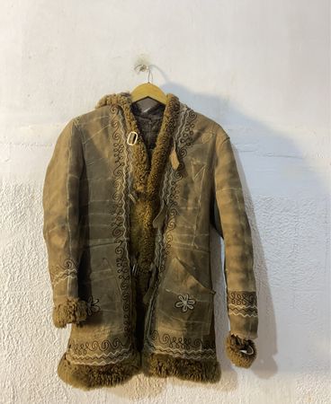 Brown Suede Shearling Coat with Embroidered Details