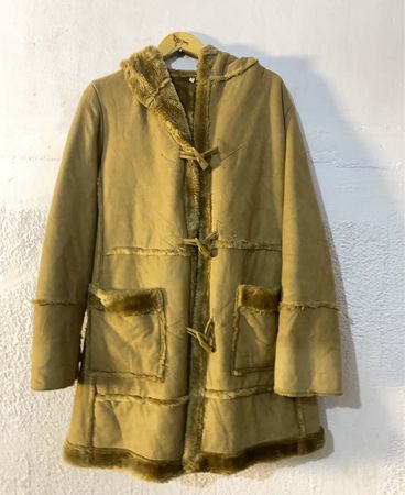 Tan Hooded Duffle Coat with Fur Trim