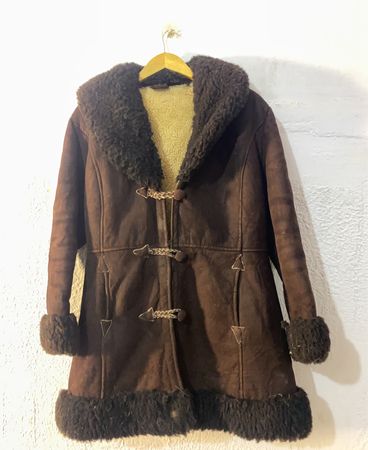 Brown Suede Coat with Fur Trim and Toggle Closures