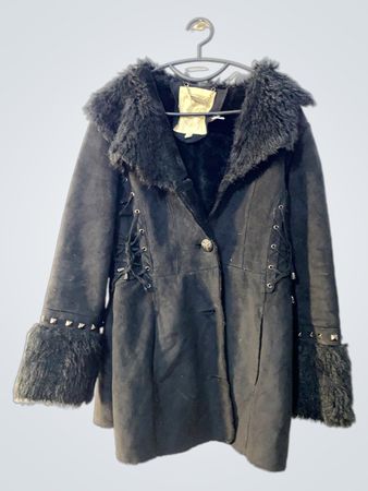 Y's Black Suede Lace-up Coat with Fur Trim