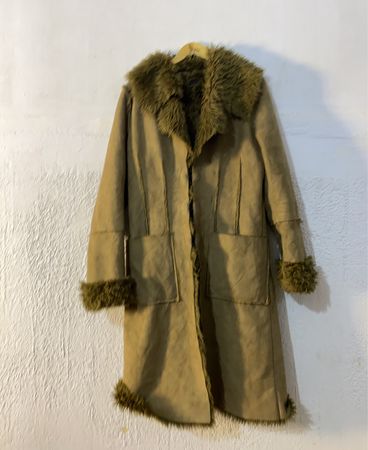 Brown faux fur trim long coat