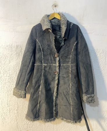 Grey Faux Suede Shearling Lined Coat with Belt