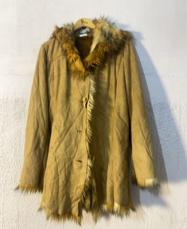Tan Faux Suede Coat with Fur Trim