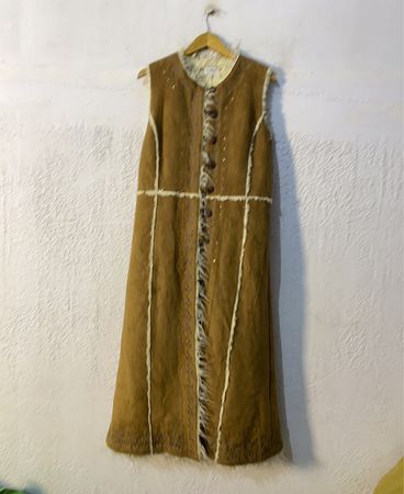 Brown Sleeveless Long Vest with Fur Trim