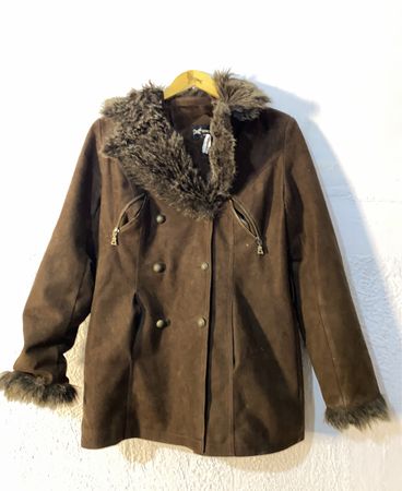 XOXO Brown Faux Suede Fur Trimmed Double Breasted Coat