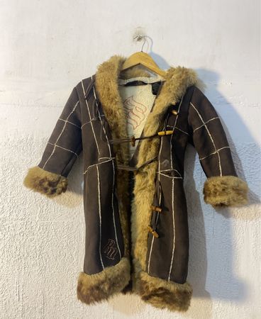 Brown Faux Fur Lined Coat with Toggle Closures