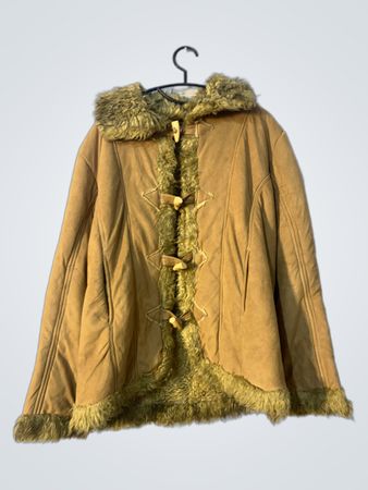 Brown Suede-like Jacket with Fur Trim and Toggle Closures