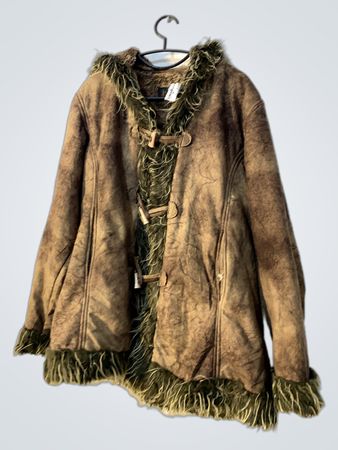 Brown Faux Fur Trimmed Hooded Jacket with Toggle Closures