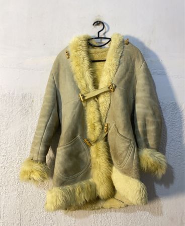 Shearling Coat with Toggle Closures and Fur Trim