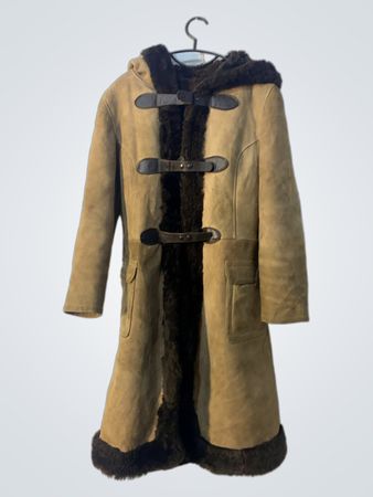 Brown Suede Shearling Coat with Hood and Toggle Closures