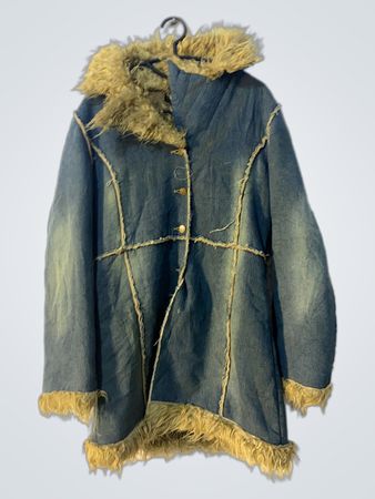 Denim coat with fur trim