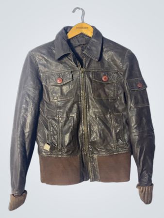 Brown Leather Jacket with Ribbed Cuffs and Hem