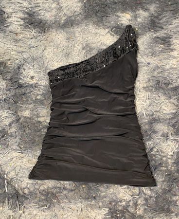 Black ruched one-shoulder dress with sequin trim